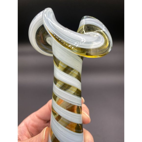 Blue Yellow and Clear Striped Art Glass Calla Lily Swirl Vase - 6.50 Tall - Picture 8 of 9